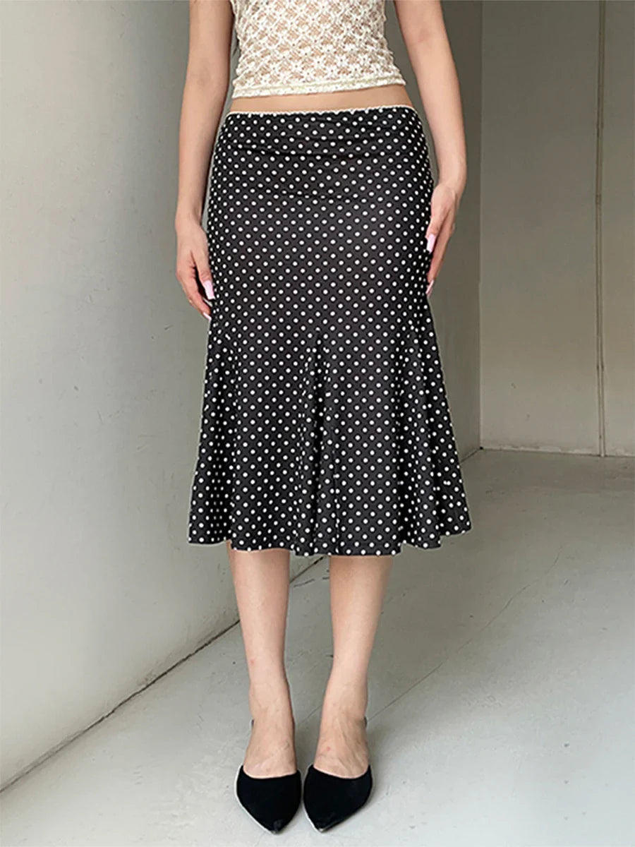 Women’s Midi Skirts Dot Print Low Waist - black / L