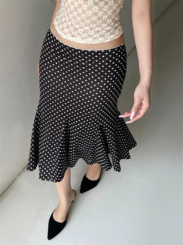 Women’s Midi Skirts Dot Print Low Waist - black / L