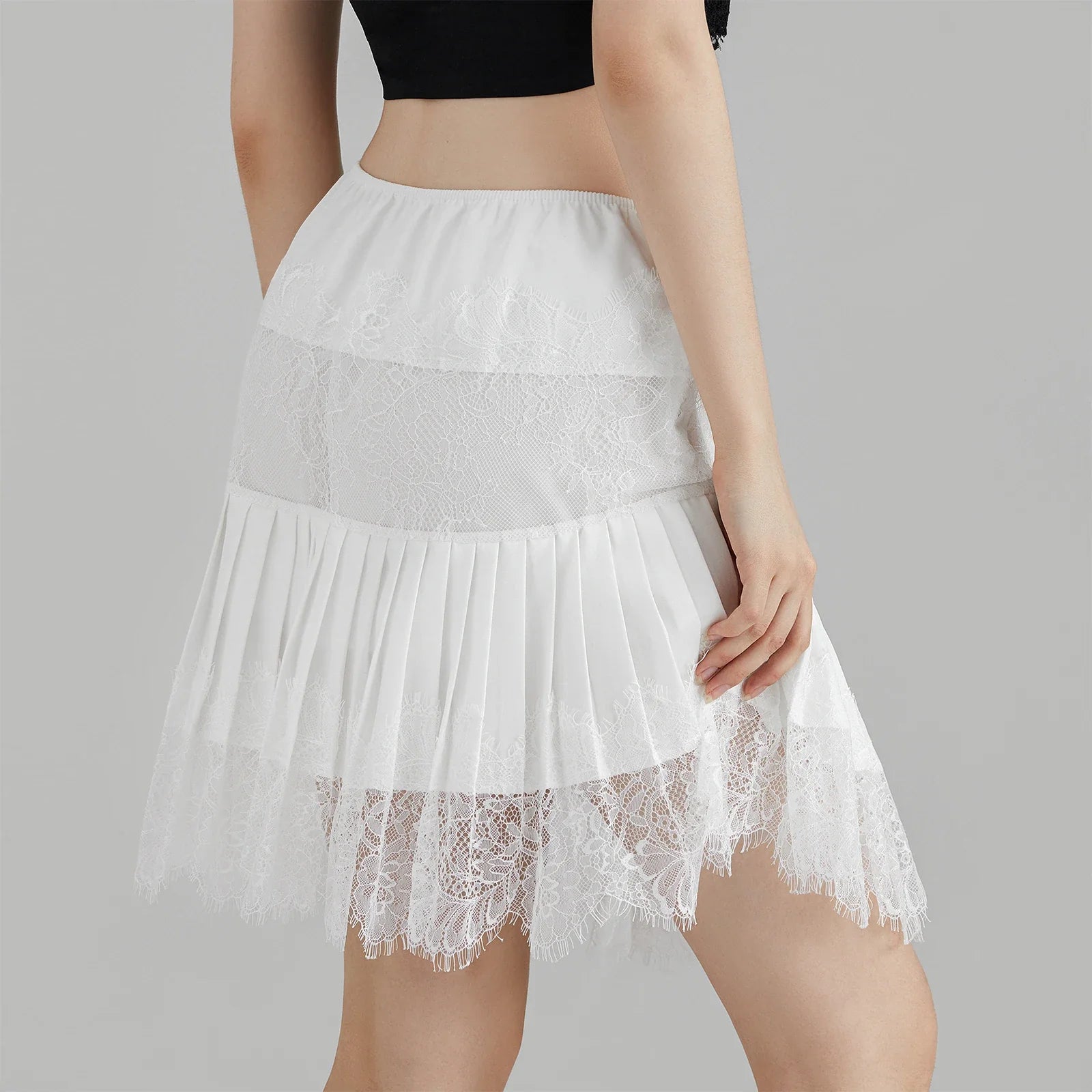 Women’s Mini Skirts Mid-Rise Pleated Lace Skirt