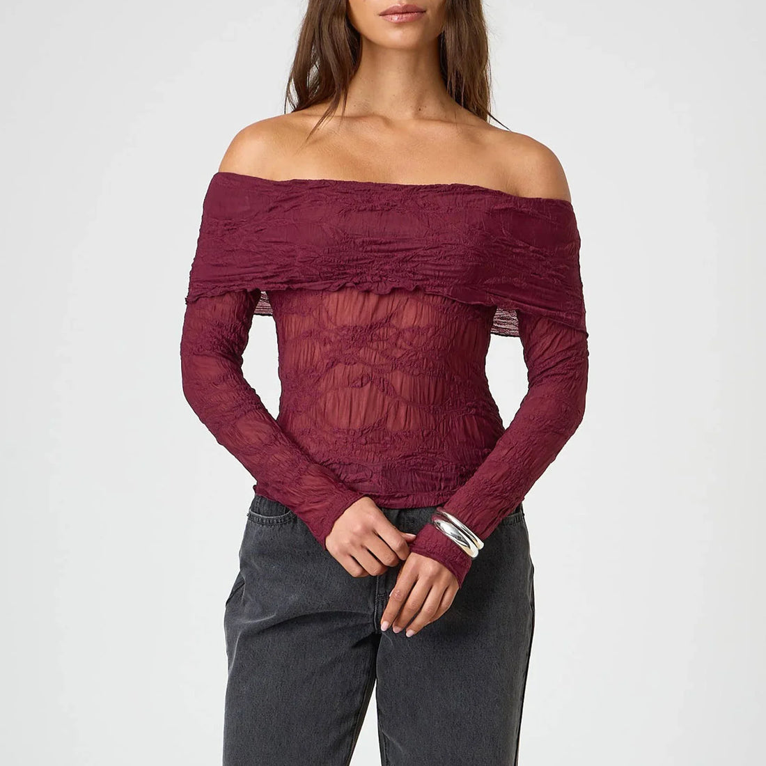Womens Off Shoulder Sheer Top - Claret / M