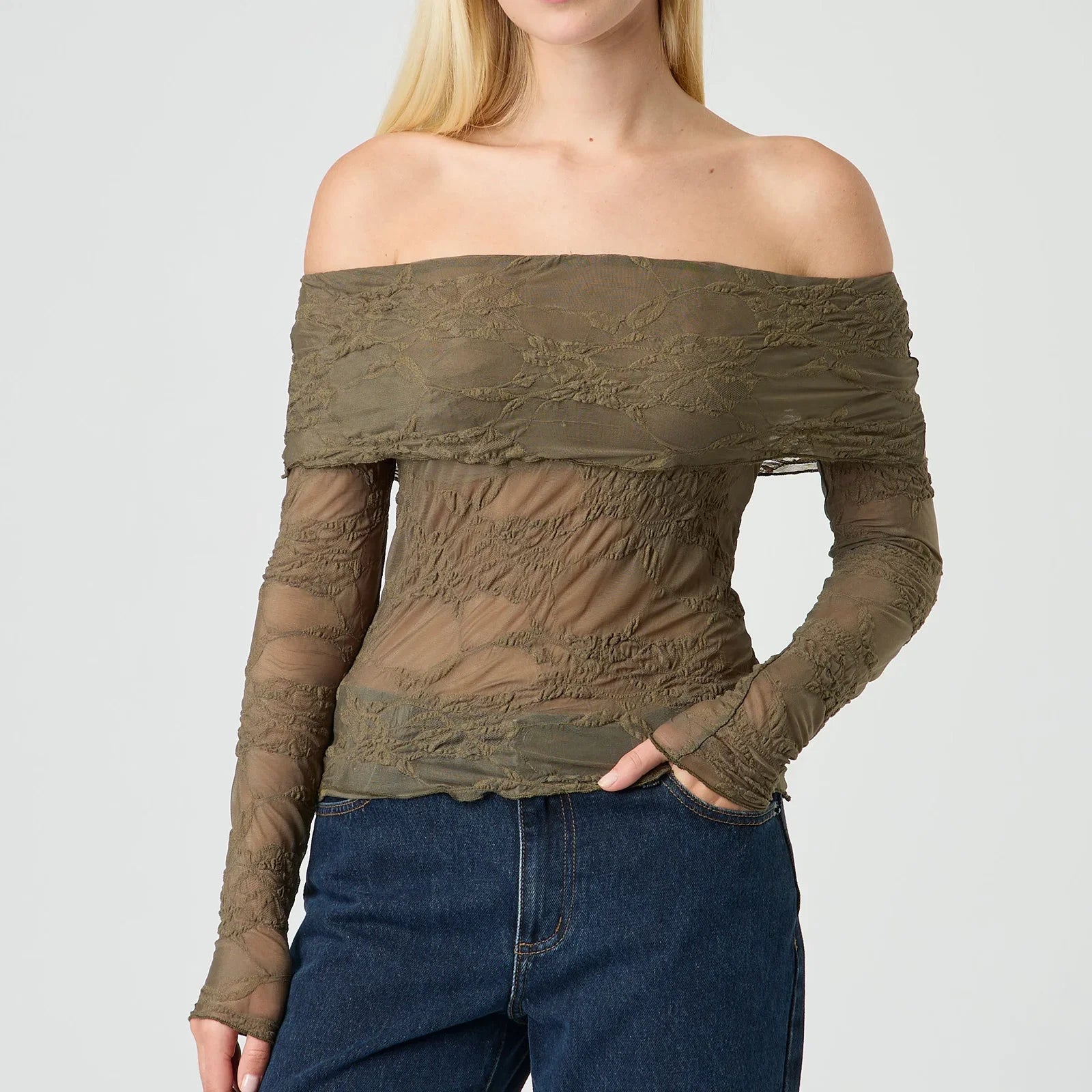 Womens Off Shoulder Sheer Top - army green / XL