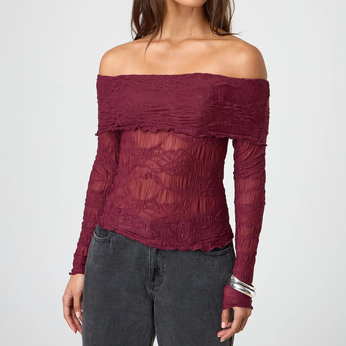 Womens Off Shoulder Sheer Top - Claret / M