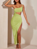 Women’s One Shoulder Cut Out Maxi Dress - green / S