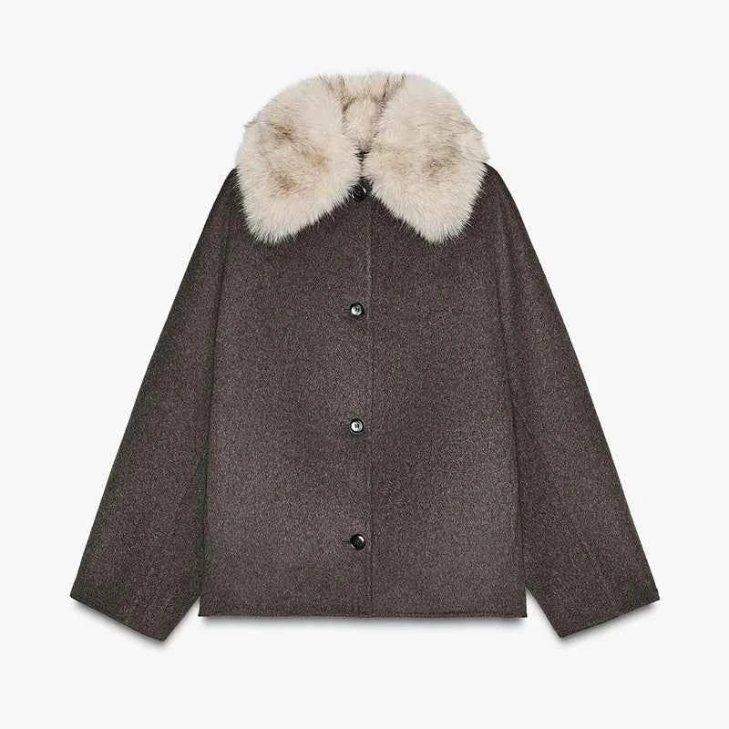 Women's Overcoat Faux Fur Collar Full Sleeve Single Breasted