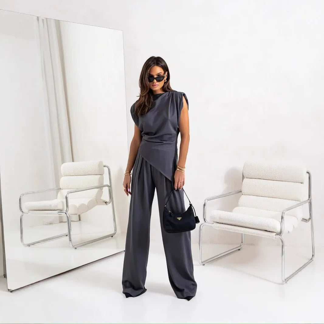 Women’s Pleated Asymmetry Top Pants Suit