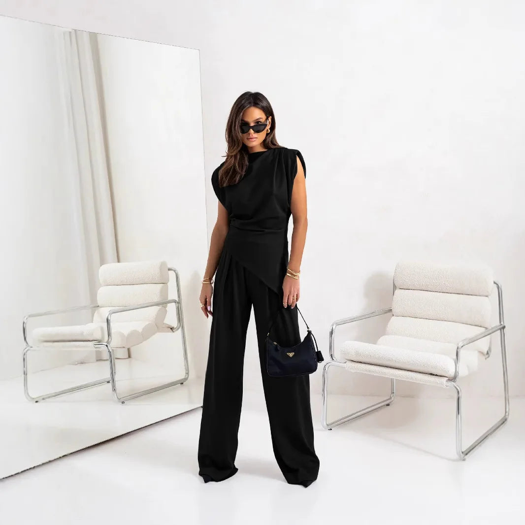 Women’s Pleated Asymmetry Top Pants Suit