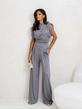 Women’s Pleated Asymmetry Top Pants Suit - Light Grey / XL