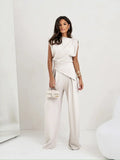 Women’s Pleated Asymmetry Top Pants Suit - WHITE / XXL