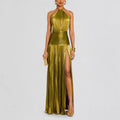 Women’s Pleated Split Lace-up Halter Dress - Gold / L - electronic accessories