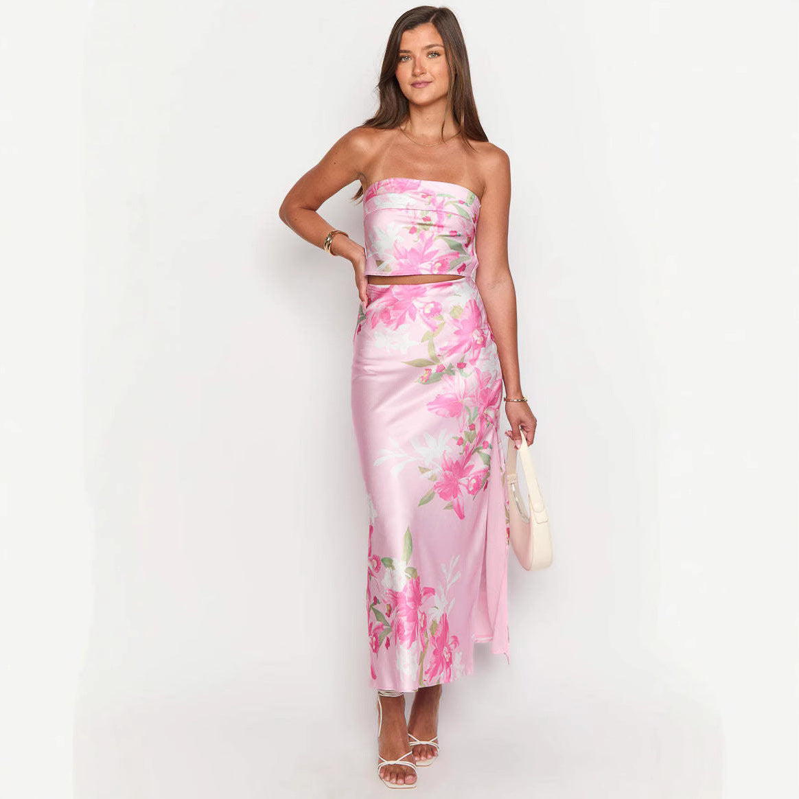 Women’s Print Chest-wrapped Floral Slit Skirt - Other