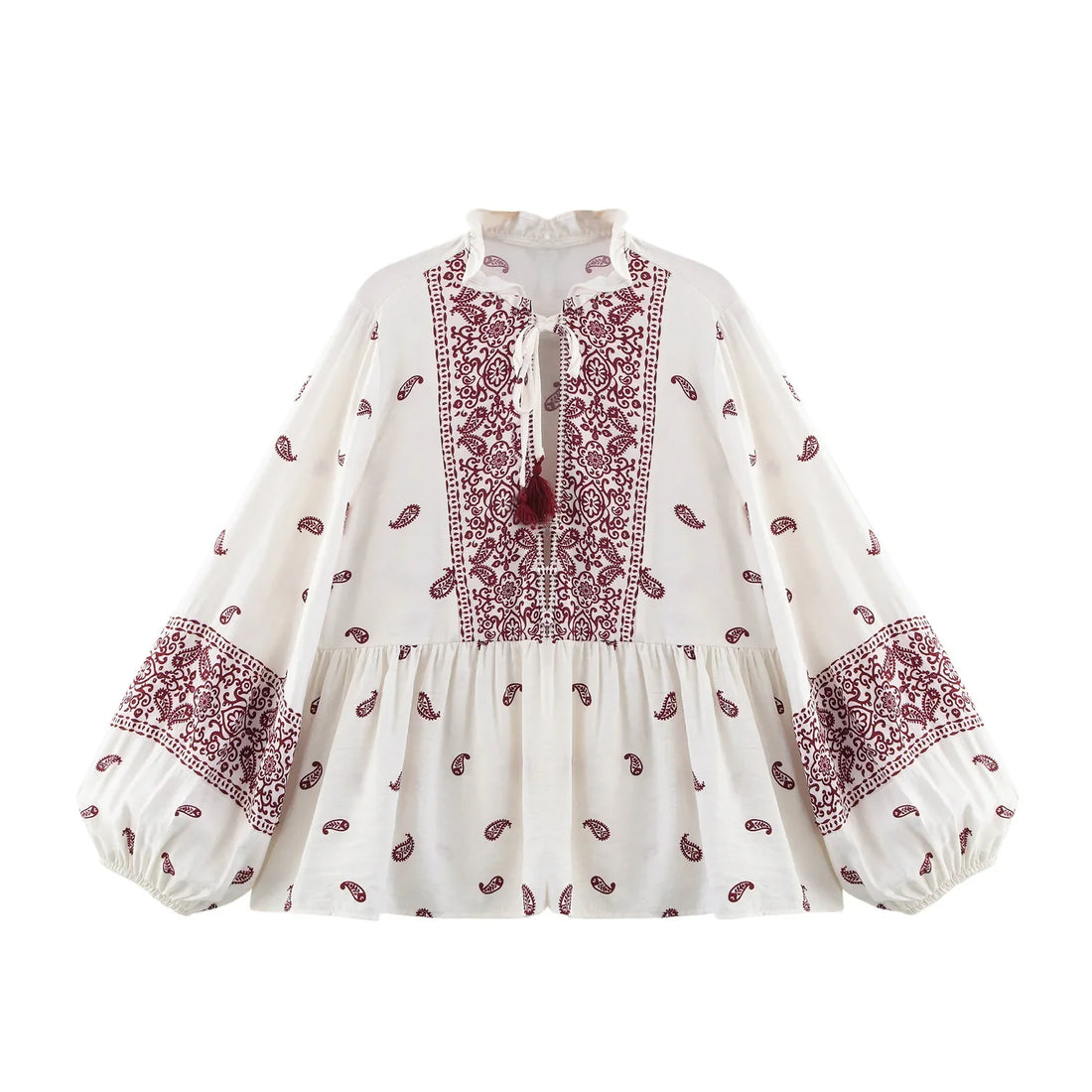 Women’s Printed Tassel Shirt Hollow Loose Stand-up Collar Lantern Sleeve Top - shirt / S