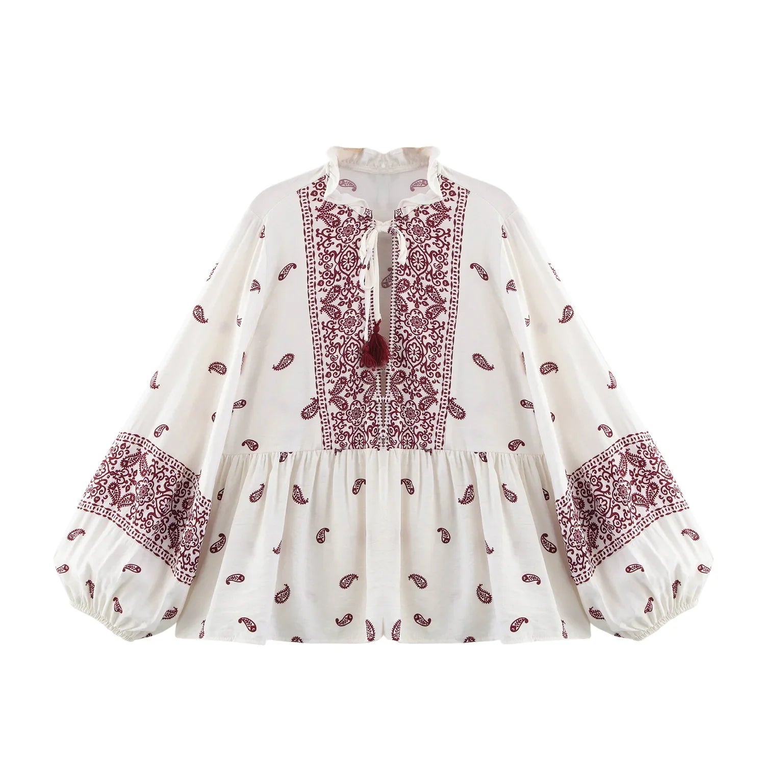 Women’s Printed Tassel Shirt Hollow Loose Stand-up Collar Lantern Sleeve Top - shirt / S