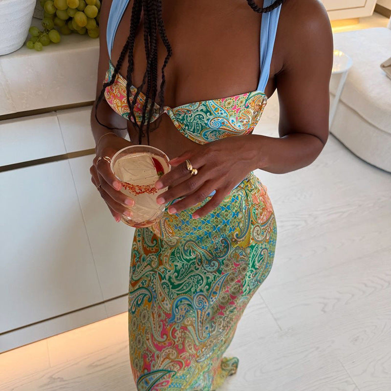 Women’s Printing Color Contrast Lace-up Three-piece Set - Other