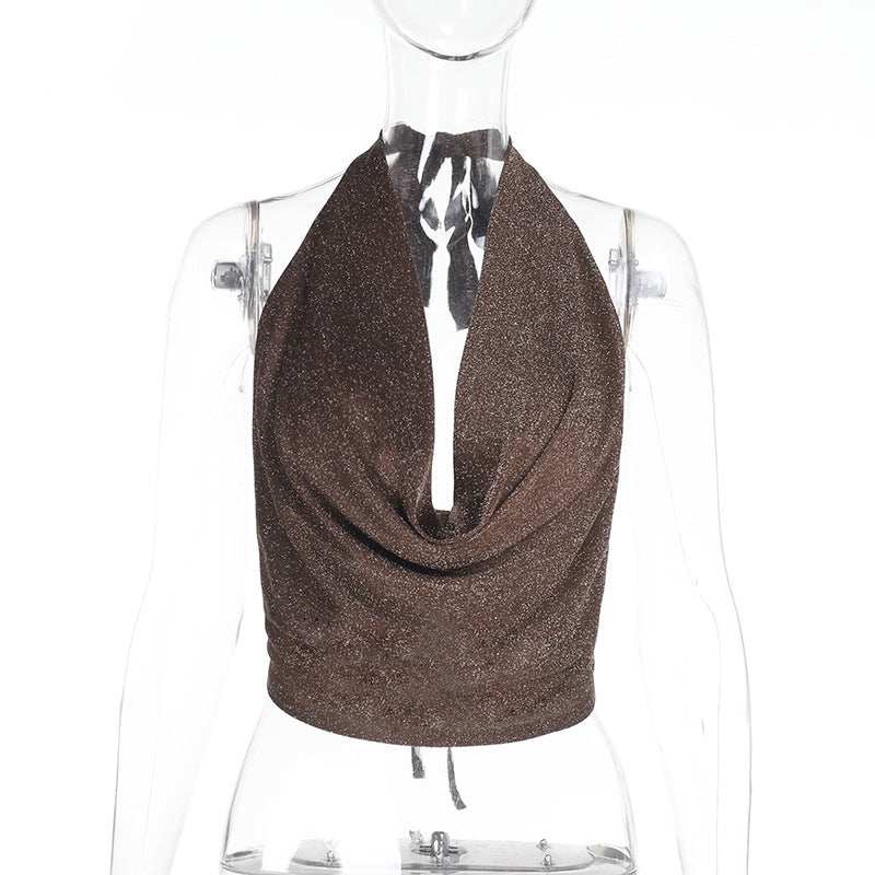 Women’s Pure Color Halter Silver Silk Pockets Collar Top - Brown / L - electronic accessories