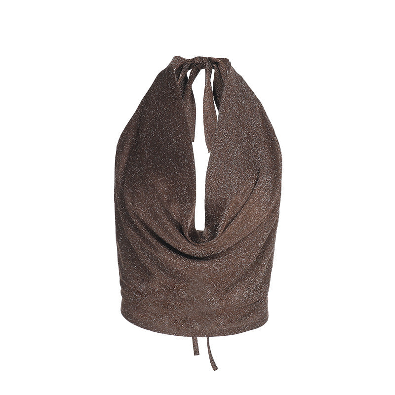 Women’s Pure Color Halter Silver Silk Pockets Collar Top - electronic accessories