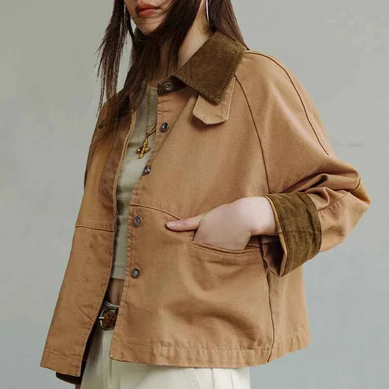 Women's Retro Khaki Corduroy Collar Barn Jacket