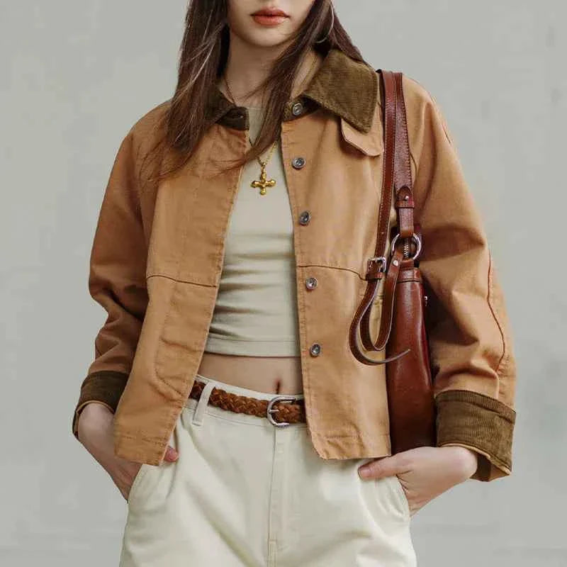 Women's Retro Khaki Corduroy Collar Barn Jacket