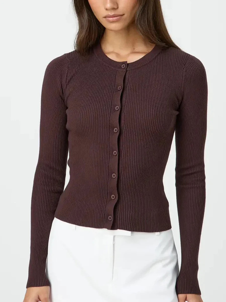 Women’s Ribbed Cardigan Top - Dark Brown / M