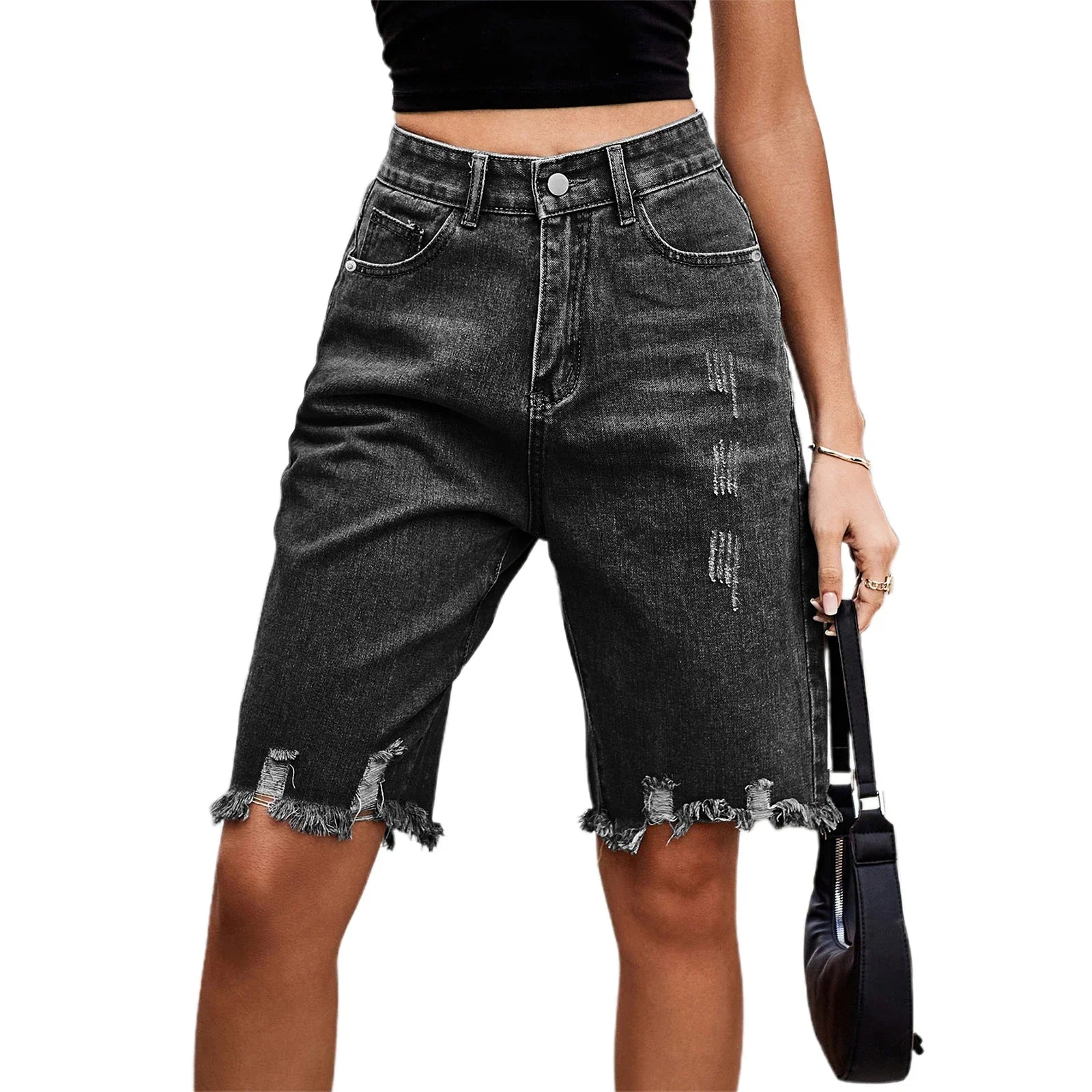 Women’s Ripped Bermuda Denim Shorts - GRAY / XL