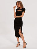 Women’s Round Neck Hollow Split To Thigh Drawstring Short Sleeve Dress - electronic accessories