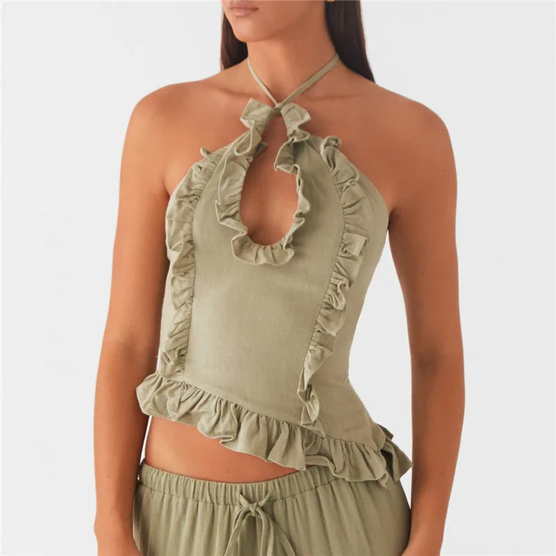 Womens Ruffle Halter Crop Top - E / S