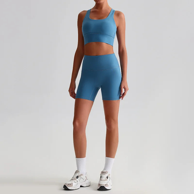Women’s Seamless Yoga Set - Quick-Dry Naked Feel Backless Bra Booty-Lifting Shorts - blue / XL