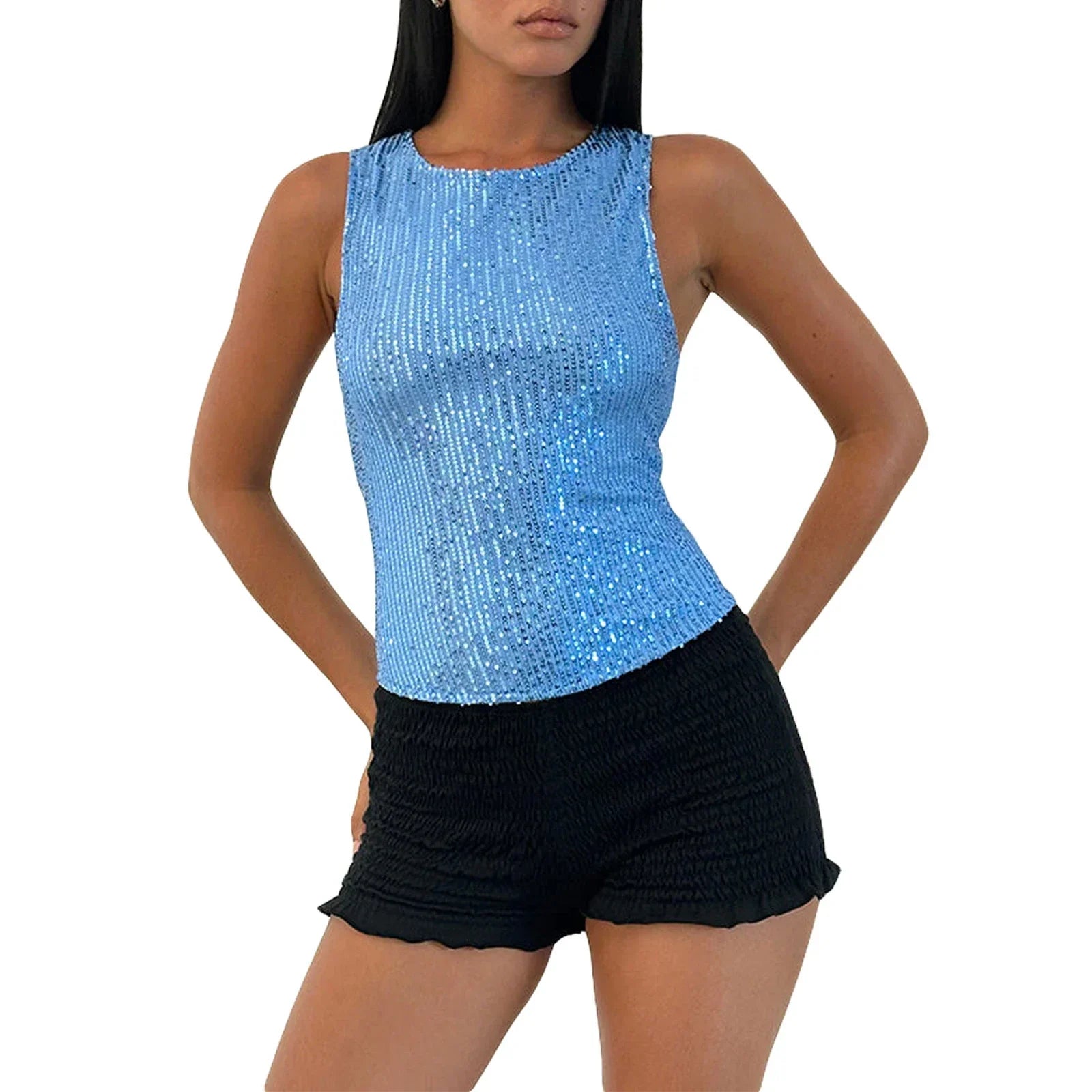 Women’s Sequin Glitter Tank Top - Blue / S