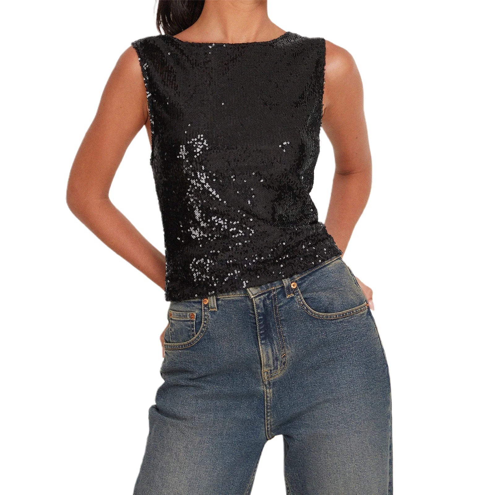 Women’s Sequin Glitter Tank Top - black / S