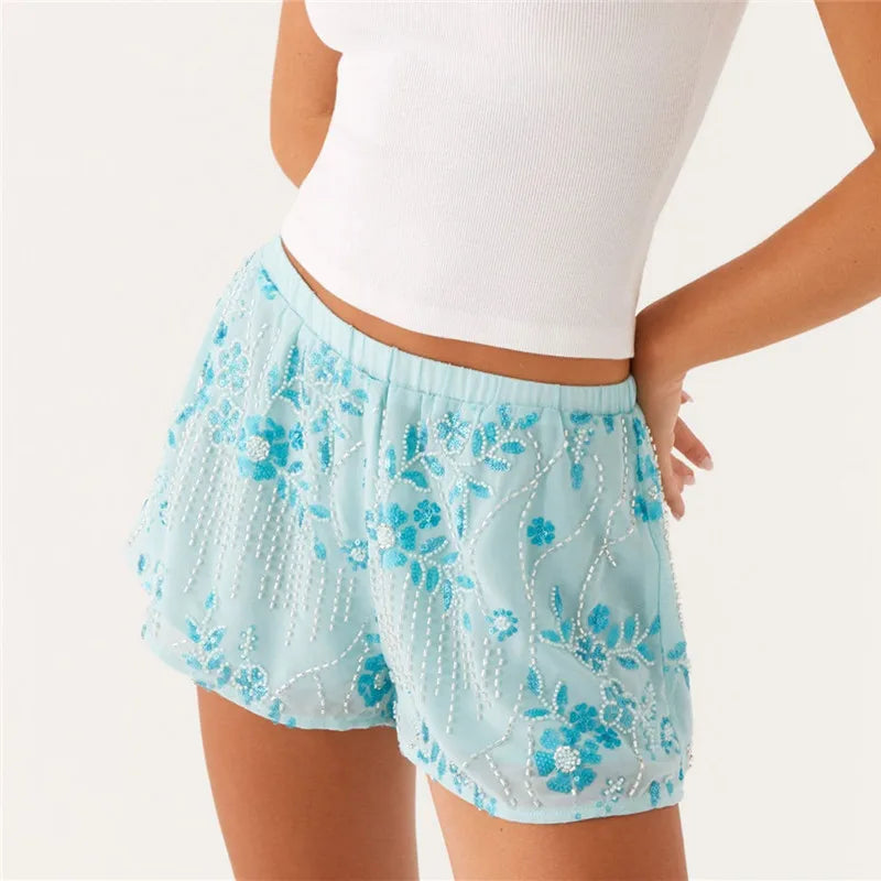 Womens Sequin Sparkle Beaded Mini Shorts - Blue / XL
