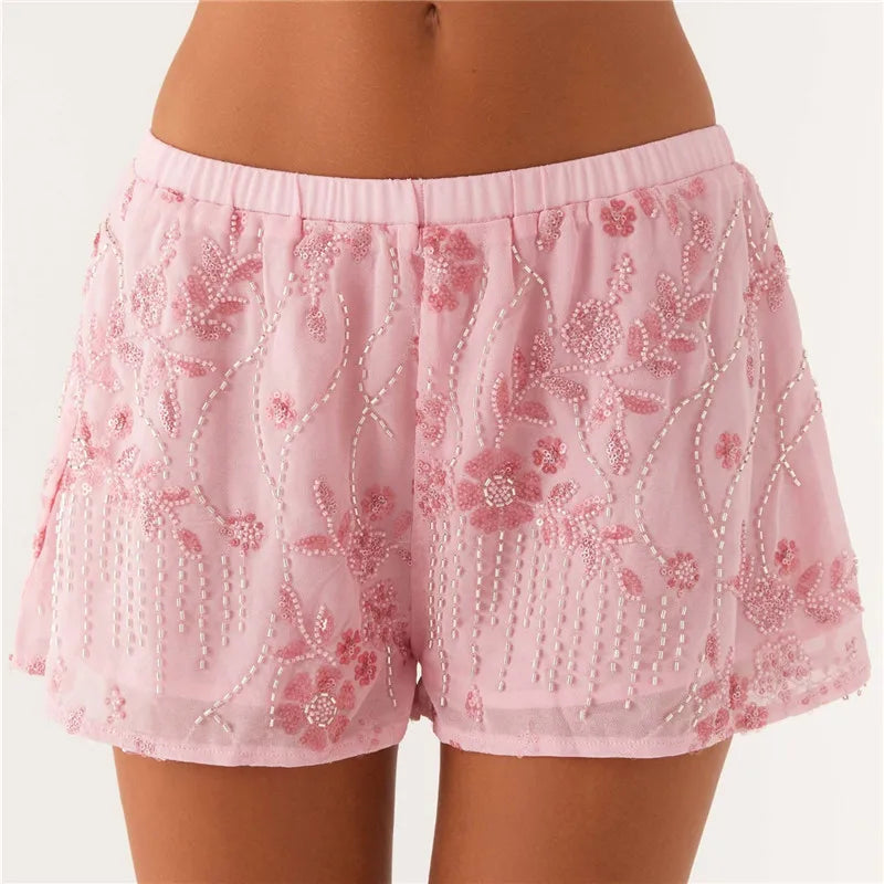 Womens Sequin Sparkle Beaded Mini Shorts - Pink / XL