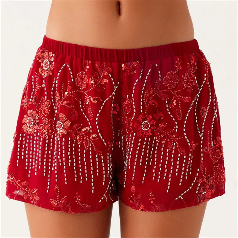 Womens Sequin Sparkle Beaded Mini Shorts - Red / XL