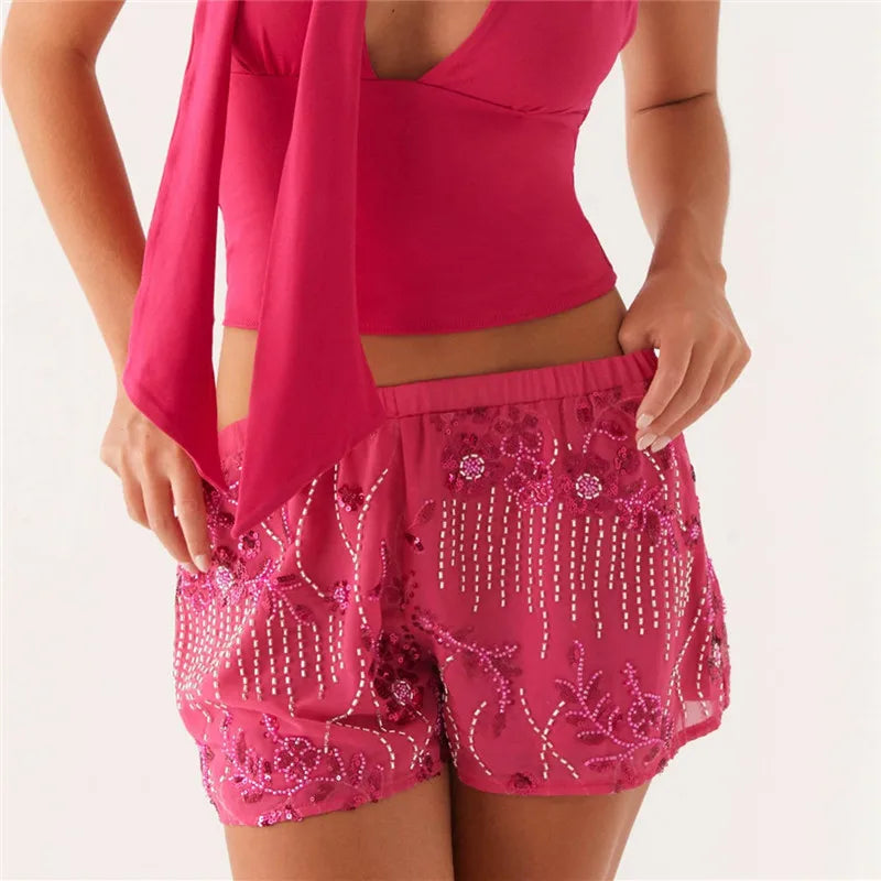 Womens Sequin Sparkle Beaded Mini Shorts - Pink / XL