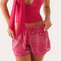 Womens Sequin Sparkle Beaded Mini Shorts - Rose Red / M
