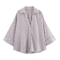 Women’s Shirt With a Collar and Wide Sleeves Simple Stripes Single Breasted - stripe / XS