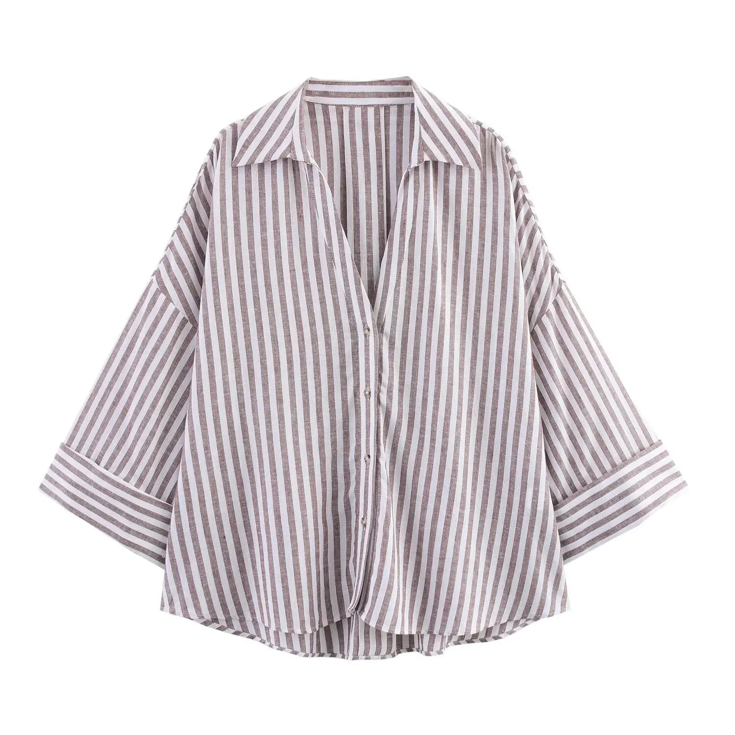 Women’s Shirt With a Collar and Wide Sleeves Simple Stripes Single Breasted - stripe / XS