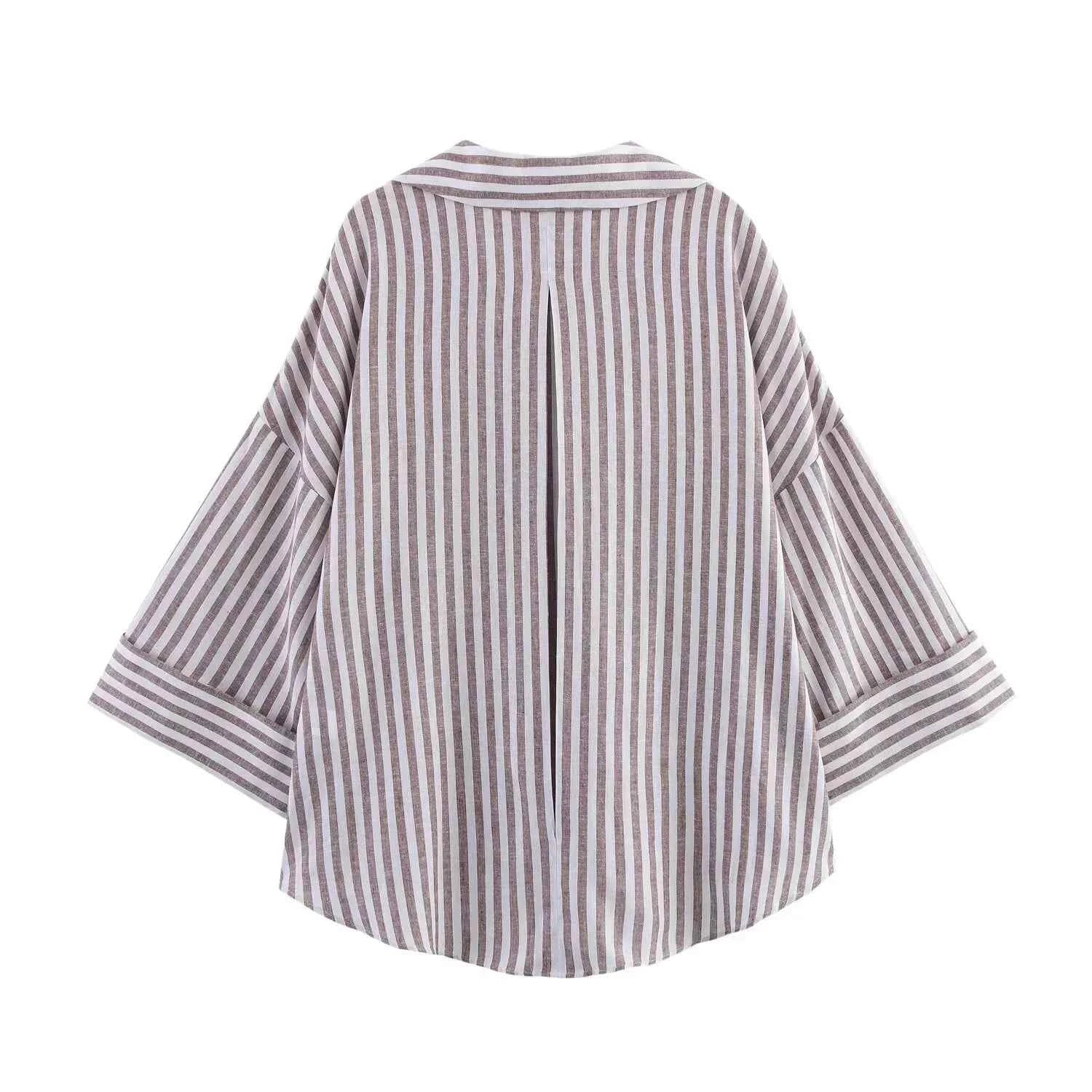 Women's Shirt With a Collar and Wide Sleeves Simple Stripes Single Breasted Shirt