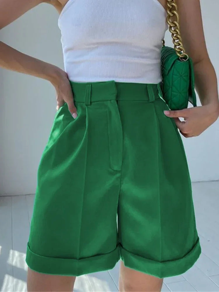 Women’s Shorts Cotton High Waist Casual - Green / L