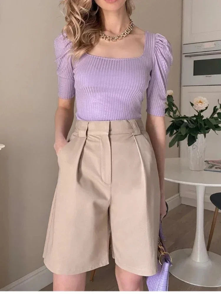 Women’s Shorts Cotton High Waist Casual - Khaki / M