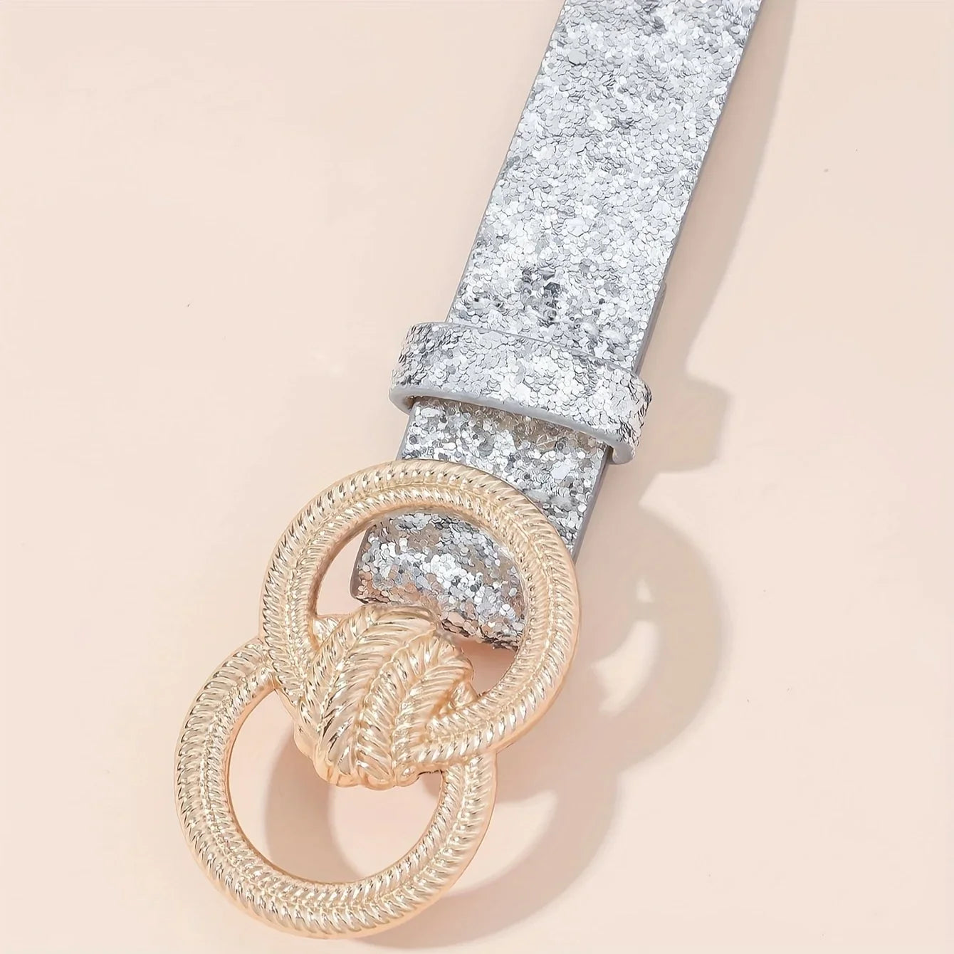 Women’s Silver Fashion Double Ring Carved Buckle Metal Belt