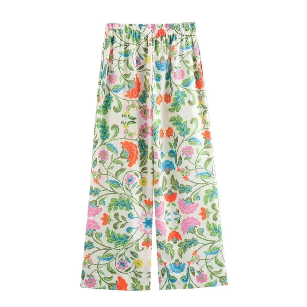 Women's Simple and Elegant Flip Collar Printed Shirt Mid Waist Straight Leg Pants Casual Set