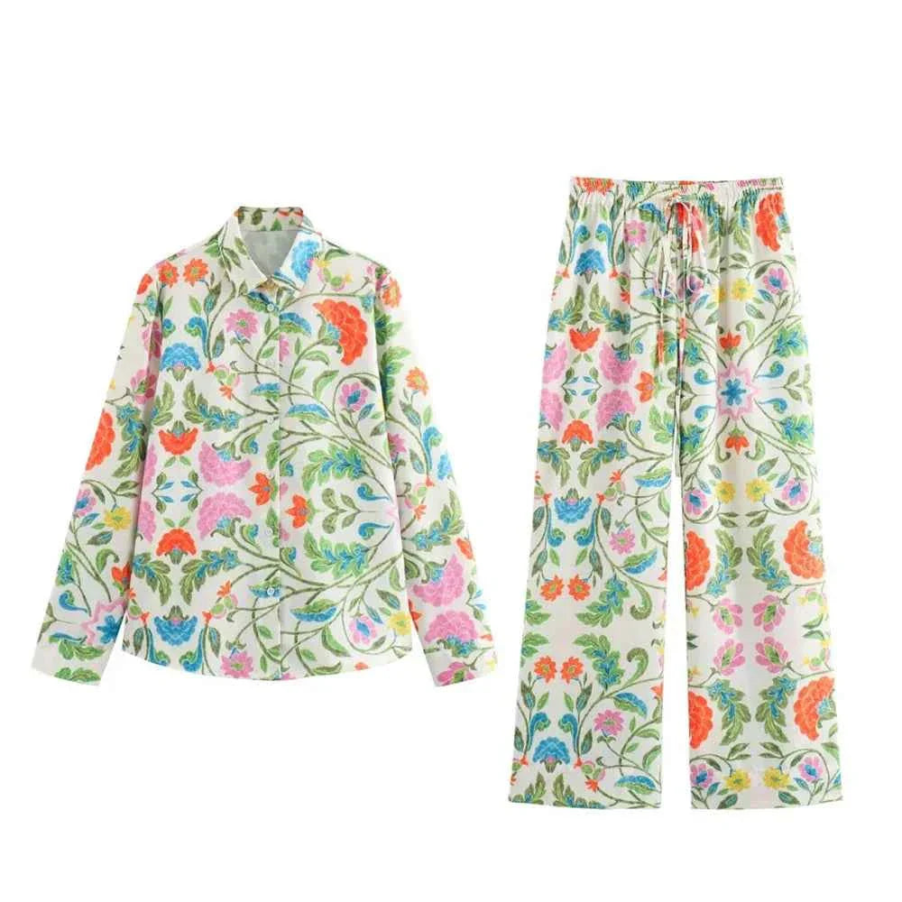 Women's Simple and Elegant Flip Collar Printed Shirt Mid Waist Straight Leg Pants Casual Set