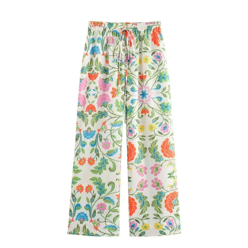 Women's Simple and Elegant Flip Collar Printed Shirt Mid Waist Straight Leg Pants Casual Set