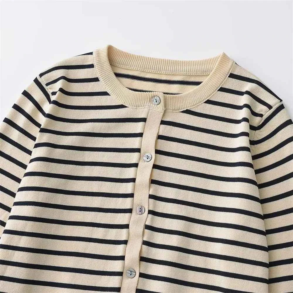 Women's Simple Round Neck Long sleeved Striped Fine Knitted Cardigan