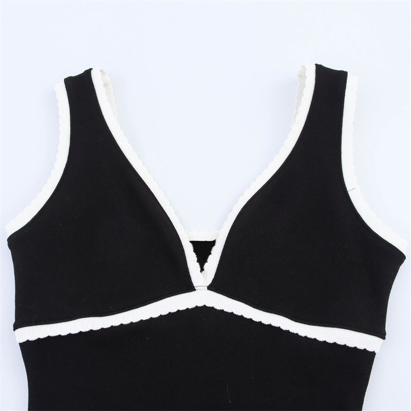 Women’s Simple Slim-fit Contrast Colors Decorative Layer Dress - Other