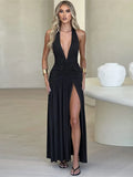 Women’s Sleeveless Hanging Neck Deep V-neck Long Dress