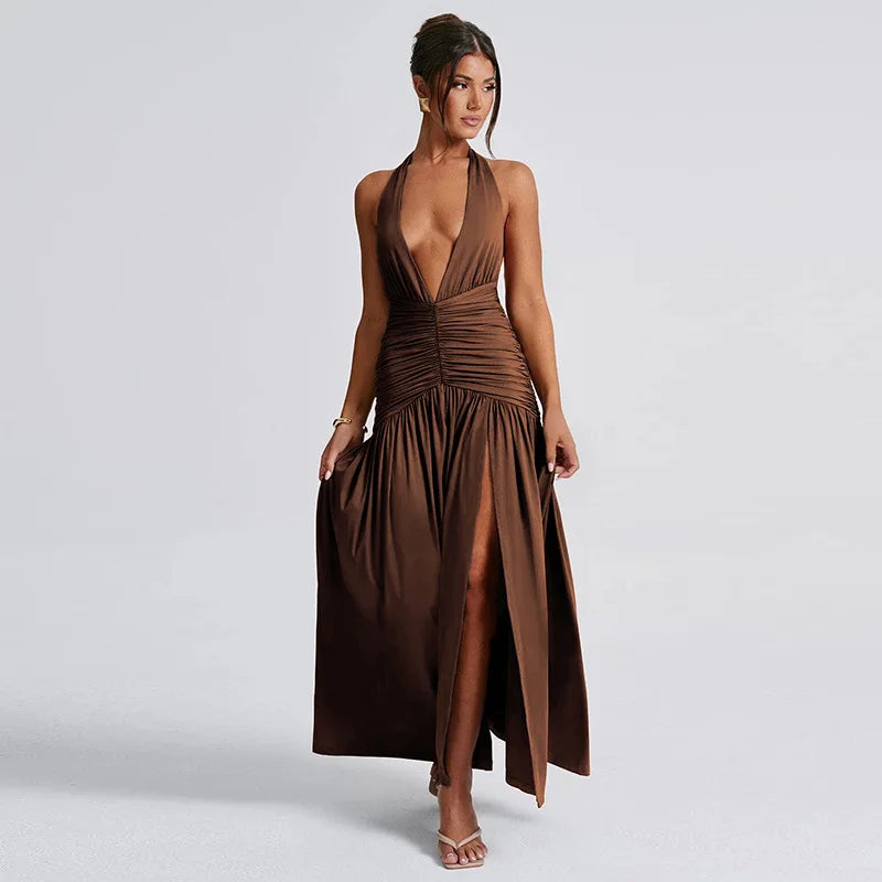 Women’s Sleeveless Hanging Neck Deep V-neck Long Dress