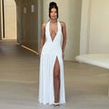 Women’s Sleeveless Hanging Neck Deep V-neck Long Dress - WHITE / XL