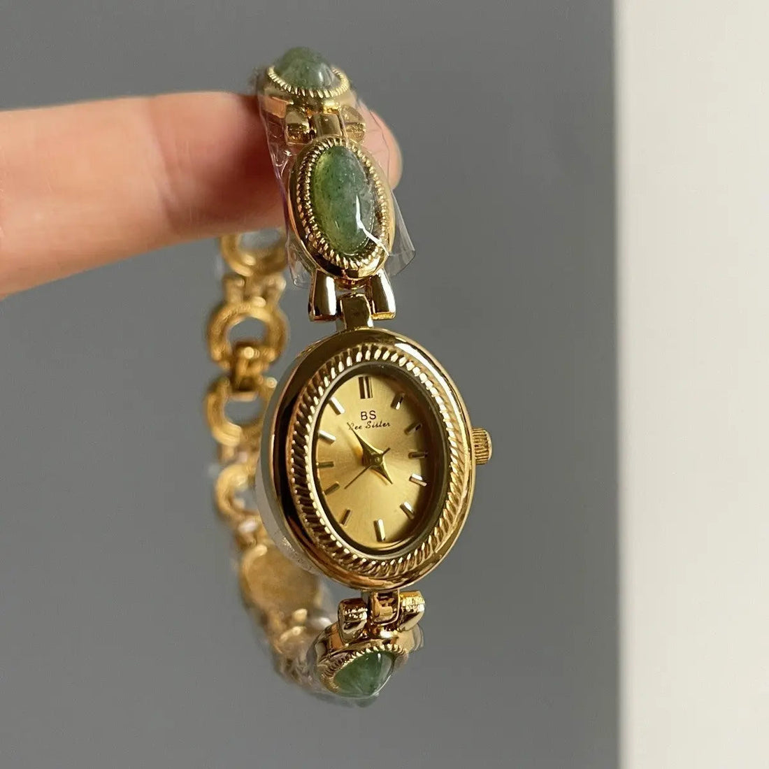 Women’s Small Jade Oval Diamond Quartz Bracelet Watch - Amber Gold Face - electronic accessories