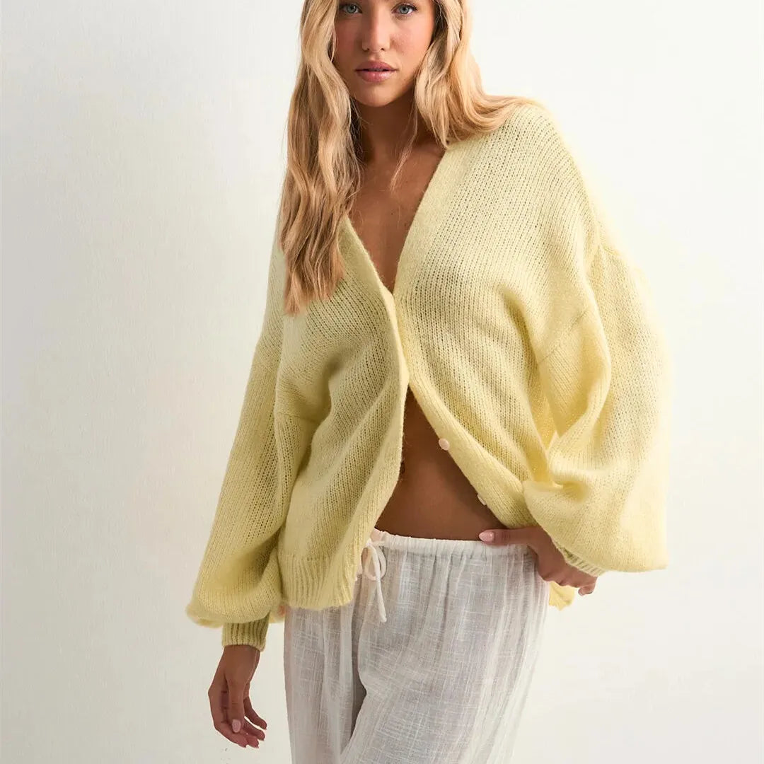 Women’s Solid Color Knit Cardigan - Yellow / S