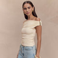 Women’s Solid Color Pleated Off-shoulder Slim Top - Light Apricot / L - electronic accessories